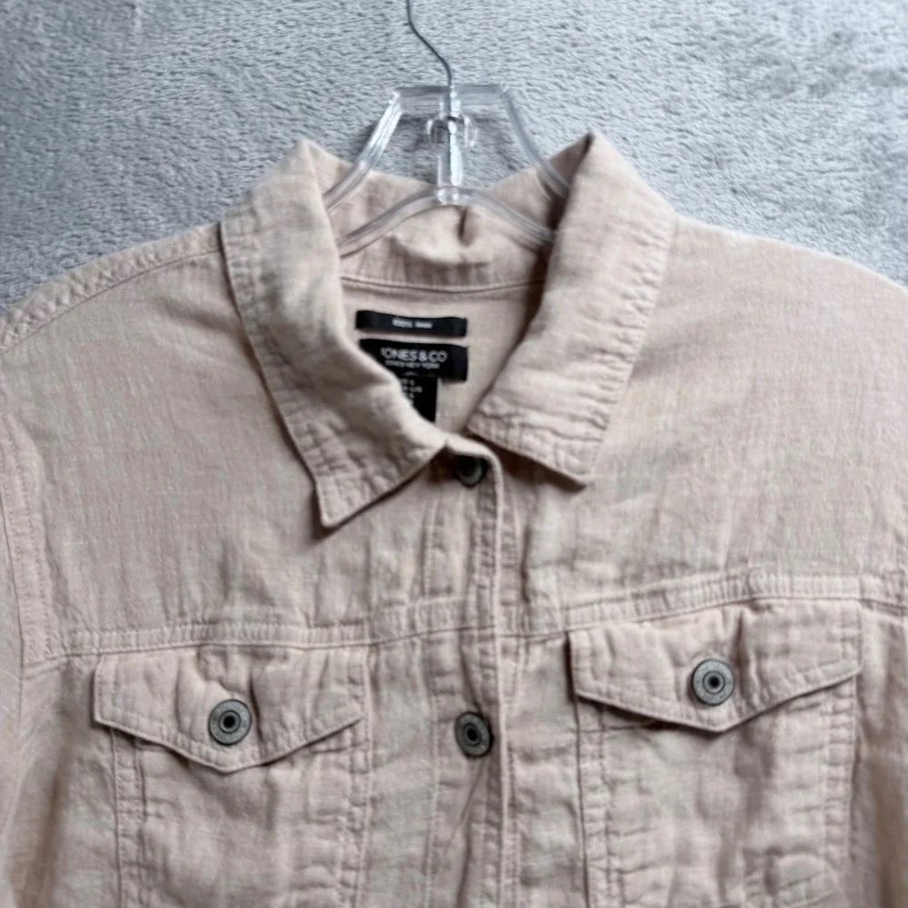 Jones New York Linen Jacket Womens Large Beige Trucker Button Front Lightweight